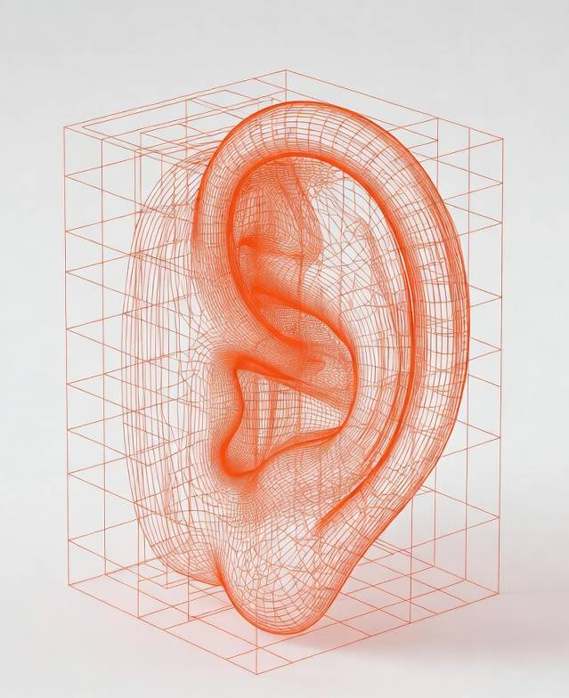 3D-Grafik eines Ohres zur Veranschaulichung der Ohrenkorrektur (Otopexie) mit Überblick