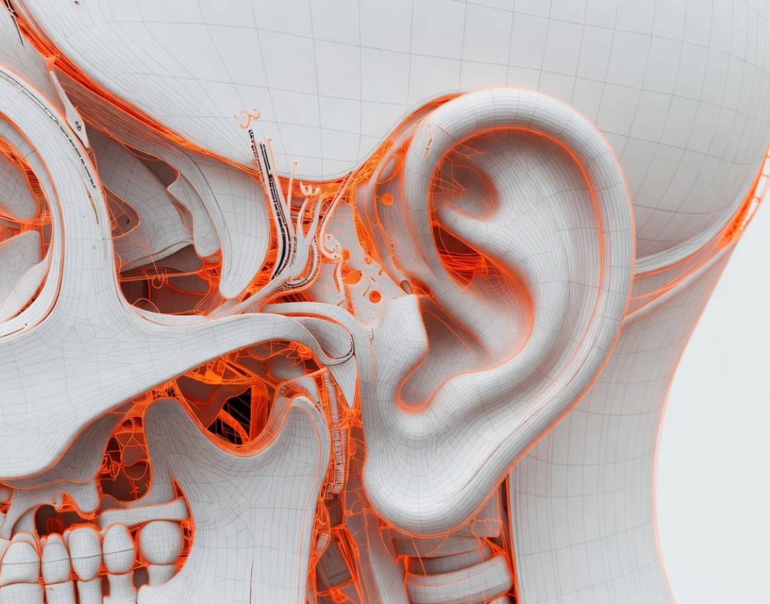 3D-medizinische Darstellung eines menschlichen Ohres mit sichtbaren anatomischen Strukturen