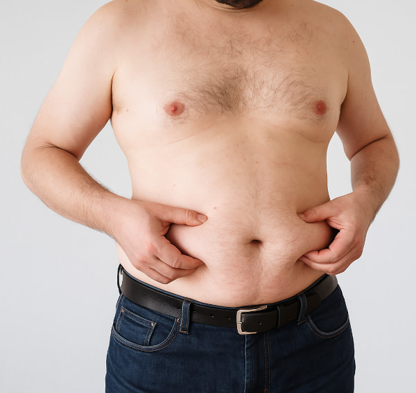 MEin Mann fasst sich an den Bauch und überlegt ob er sein Bauchfett mittels einer OP reduzieren soll