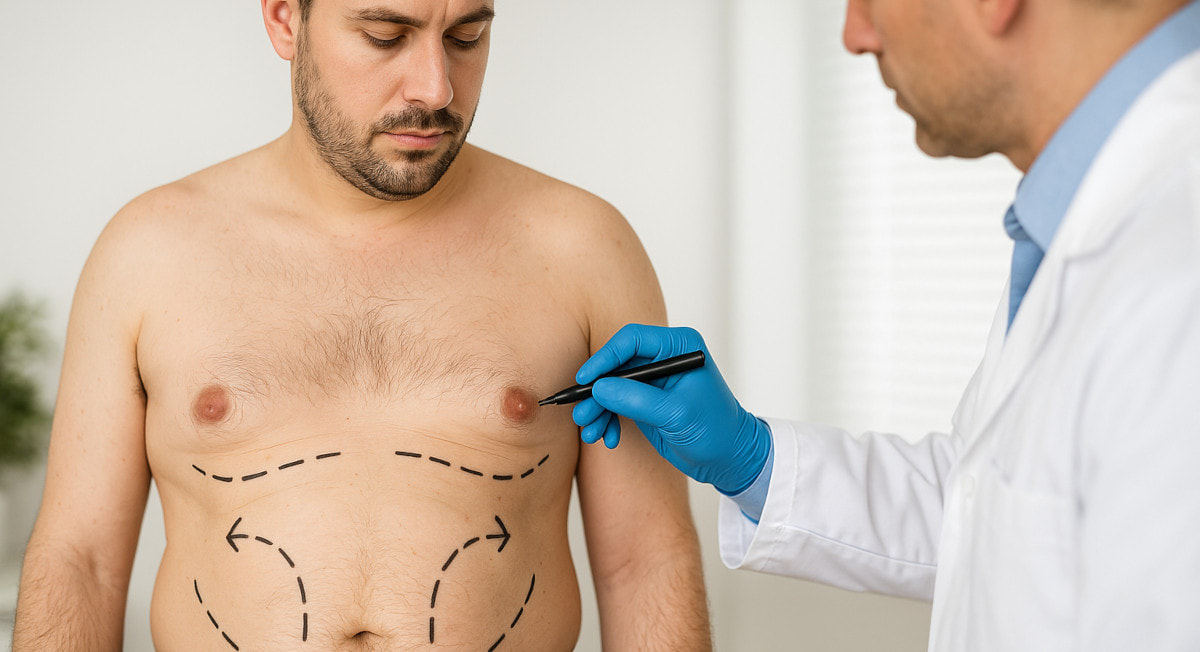 Arzt zeichnet am Körper mögliche Anpassungen bei einer Bauchfett Reduktion